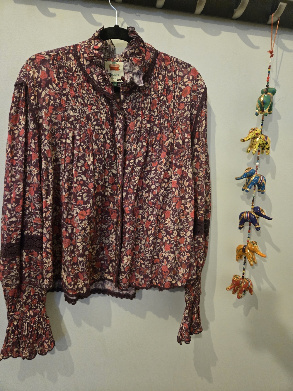 FARM Rio Burgundy Floral Ruffle Pintuck Blouse